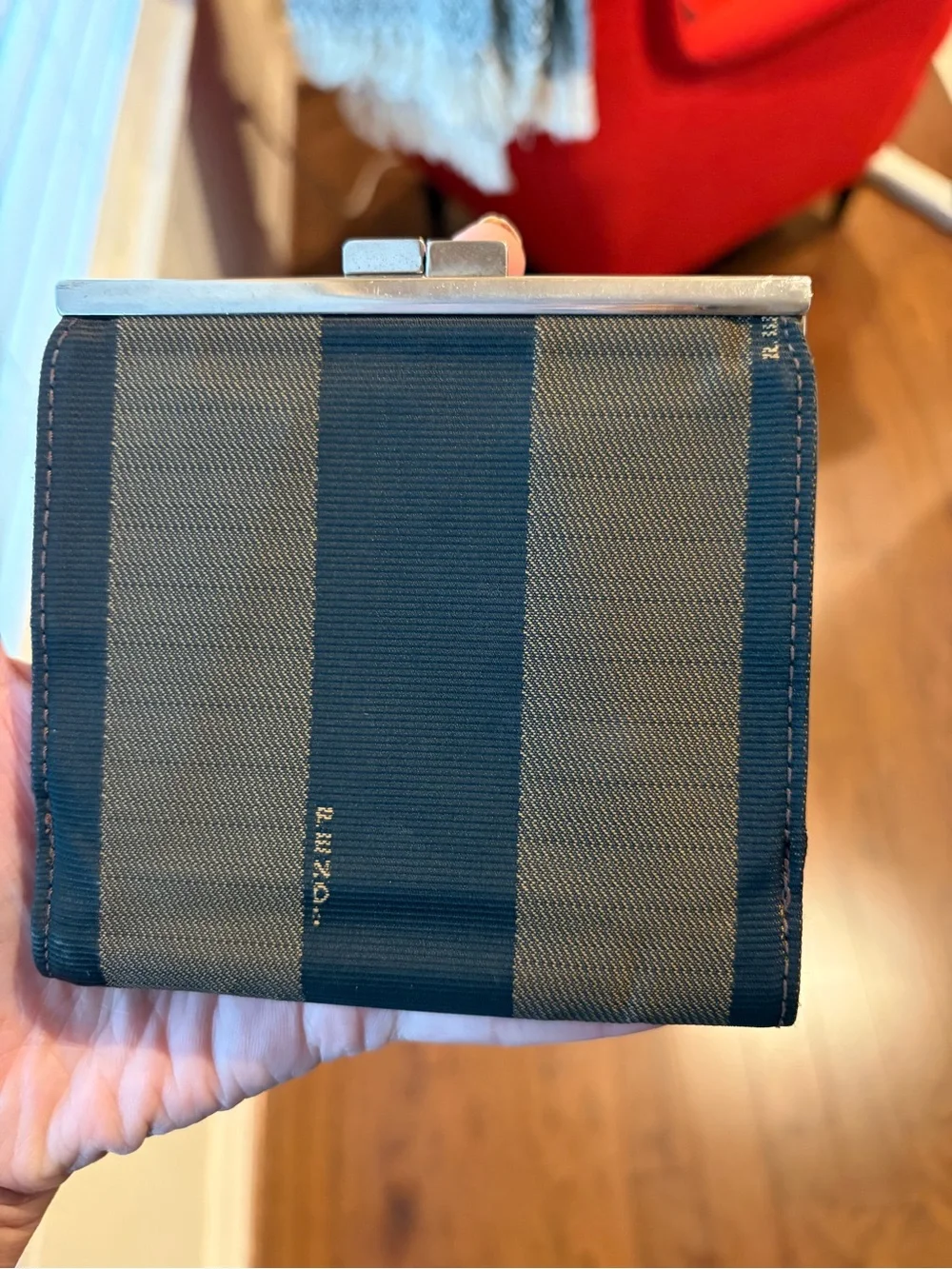 Fendi Pequin Stripe Striped Canvas Leather Compact Wallet with Kiss Lock